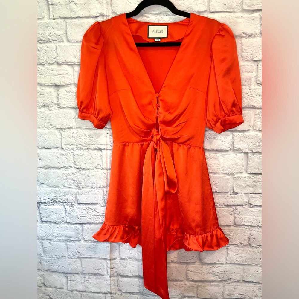 Alexis indir red satin ruffle tie romper - Picture 2 of 8